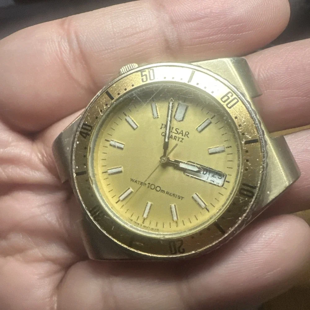 Works VTG Pulsar Divers Mens Watch & Rotating Bezel Quartz 38mm Gold Tone REPAIR